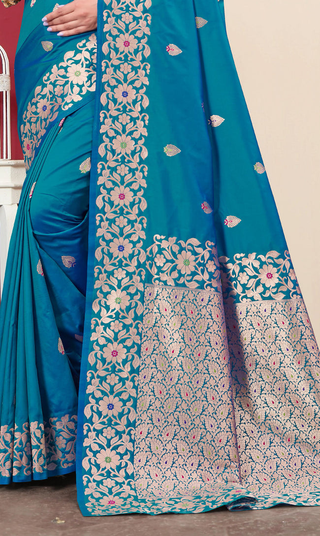 Teal Blue Woven Design Zari Banarasi Art Silk Saree