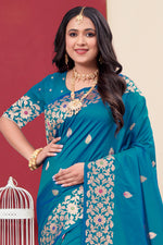 Teal Blue Woven Design Zari Banarasi Art Silk Saree