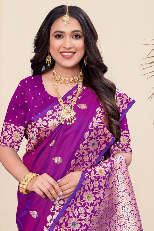 Purple Woven Design Zari Banarasi Art Silk Saree