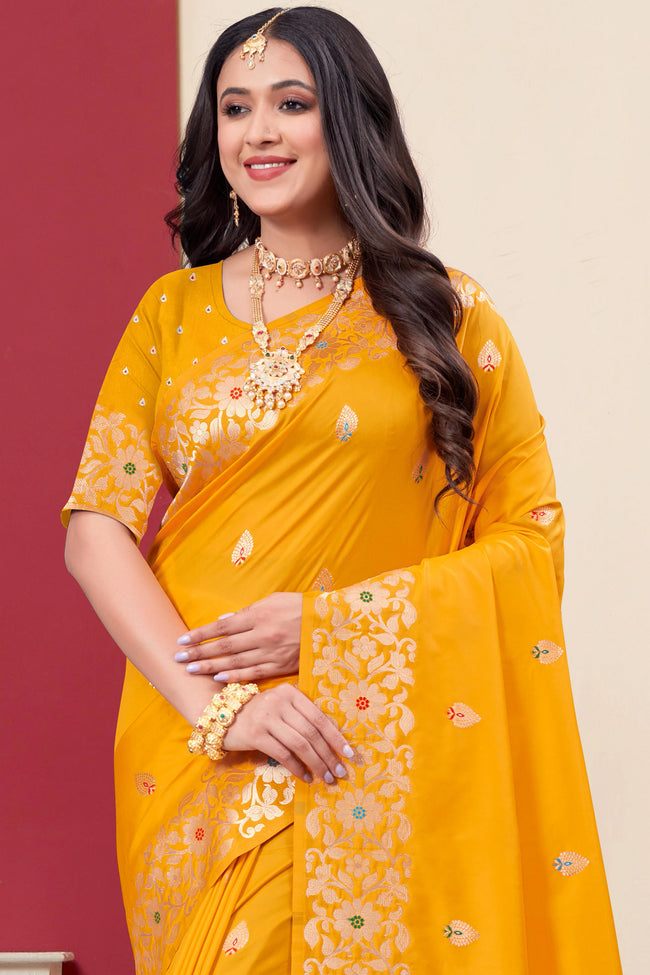 Yellow Woven Design Zari Banarasi Art Silk Saree