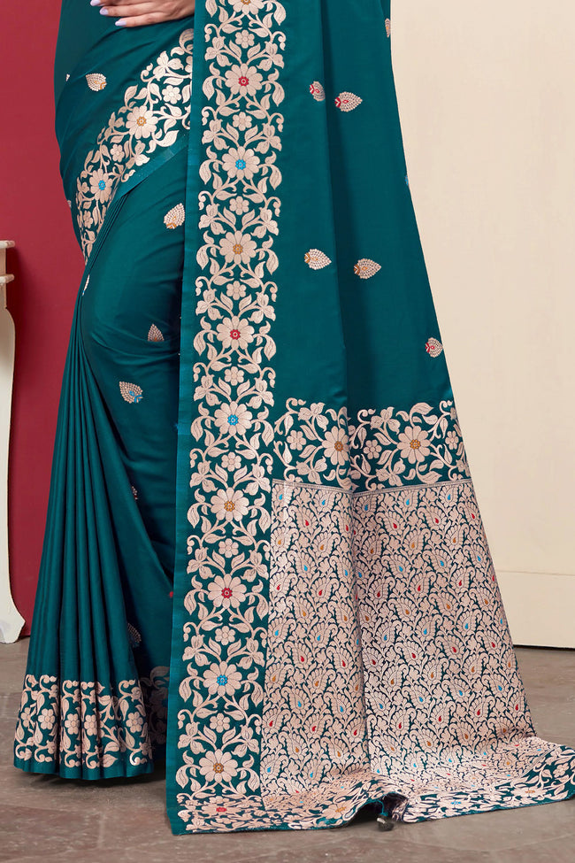 Teal Green Woven Design Zari Banarasi Art Silk Saree
