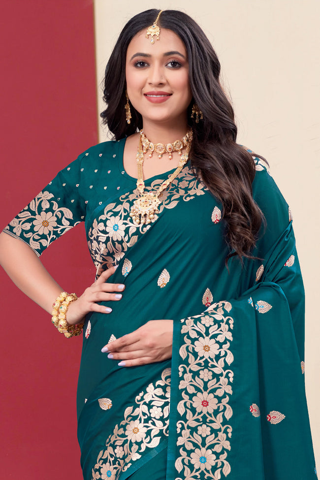 Teal Green Woven Design Zari Banarasi Art Silk Saree