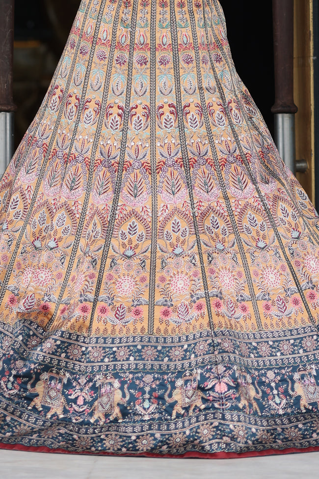 Light Pink Lehenga Set With A Choli In Moti Embroidery, Crop Top In Half Sleeves Bridal Lehenga