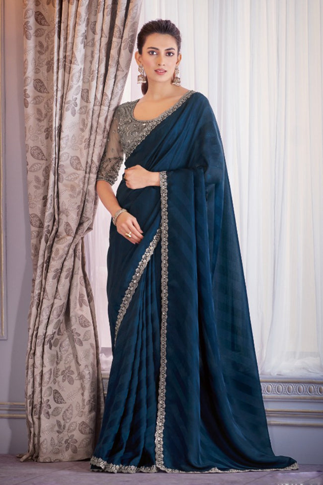 Teal Silk Designer Tissue Crush Embroidered Saree