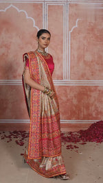 Beige Banaras Silk Saree with Pure Kachhi Work & Diamond & Mirror Heavy Work