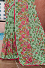 Multicolour Floral & Foil Print Georgette Printed Saree With Fancy Border And Blouse Piece