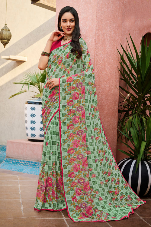 Multicolour Floral & Foil Print Georgette Printed Saree With Fancy Border And Blouse Piece