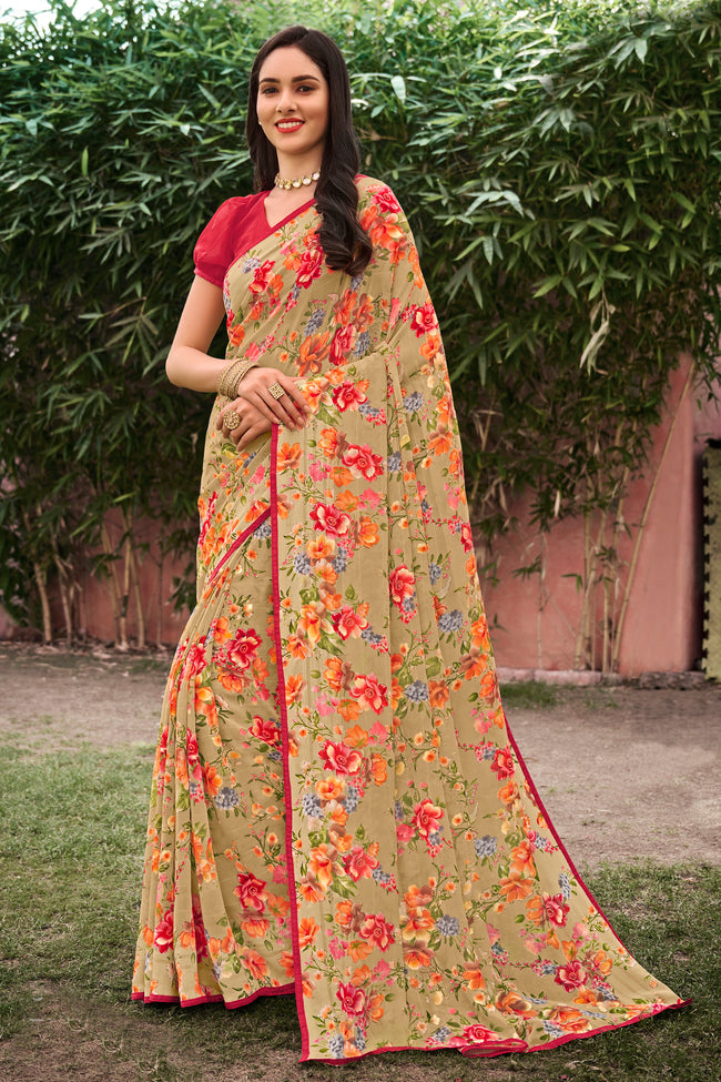 Beige With Red Foil Print Georgette Printed Saree And Blouse Piece