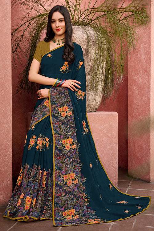 Black Floral & Foil Print Georgette Printed Saree With Fancy Border And Blouse Piece
