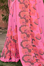Pink Floral & Foil Print Georgette Printed Saree With Fancy Border And Blouse Piece