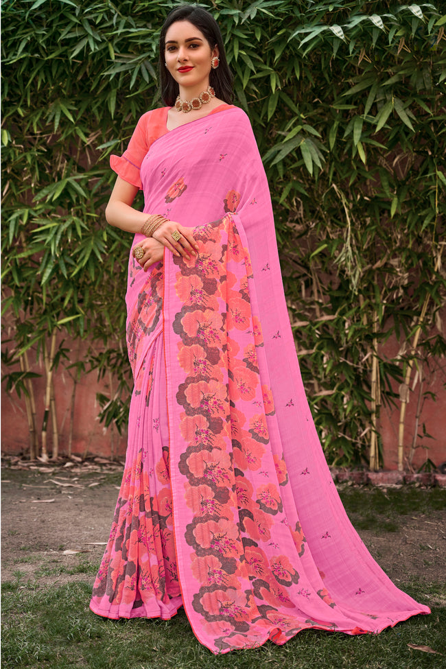 Pink Floral & Foil Print Georgette Printed Saree With Fancy Border And Blouse Piece