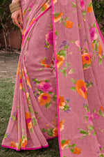 Ruby Floral & Foil Print Georgette Printed Saree With Fancy Border And Blouse Piece