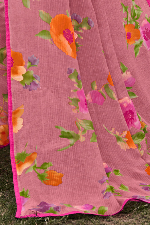 Ruby Floral & Foil Print Georgette Printed Saree With Fancy Border And Blouse Piece