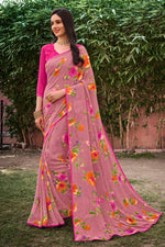 Ruby Floral & Foil Print Georgette Printed Saree With Fancy Border And Blouse Piece