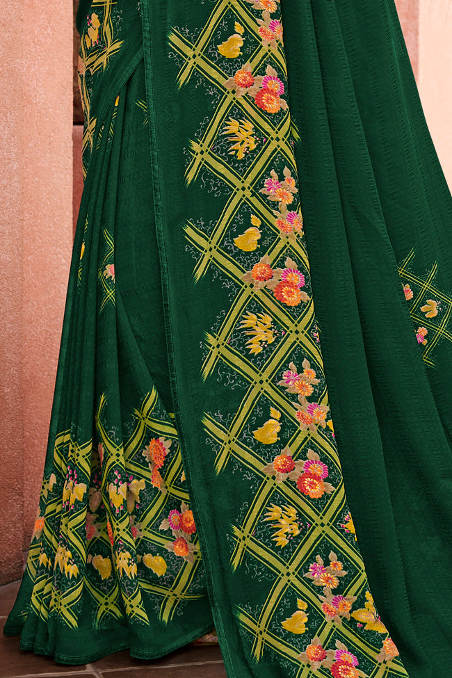 Dark Green Floral & Foil Print Georgette Printed Saree With Fancy Border And Blouse Piece