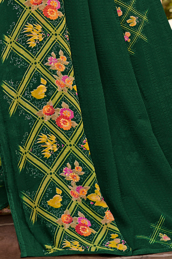 Dark Green Floral & Foil Print Georgette Printed Saree With Fancy Border And Blouse Piece