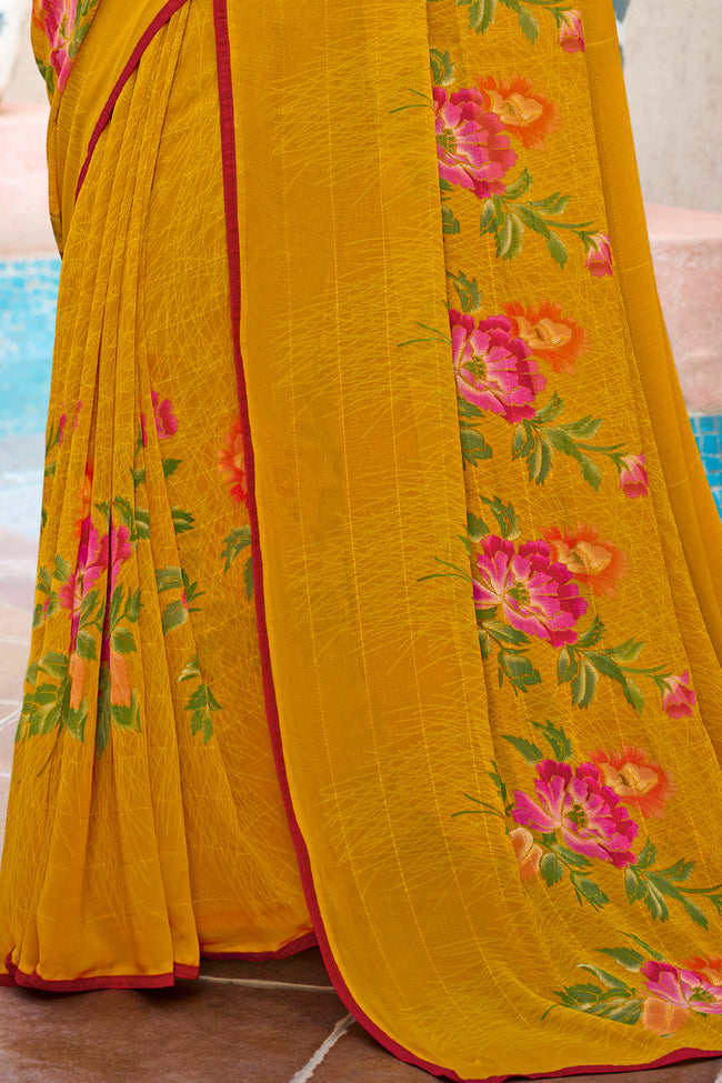 Mustard Floral & Foil Print Georgette Printed Saree With Fancy Border And Blouse Piece