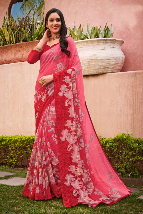 Peach & Red Foil Print Georgette Printed Saree With Fancy Border And Blouse Piece