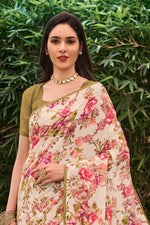 Beige Floral & Foil Print Georgette Printed Saree With Fancy Border And Blouse Piece