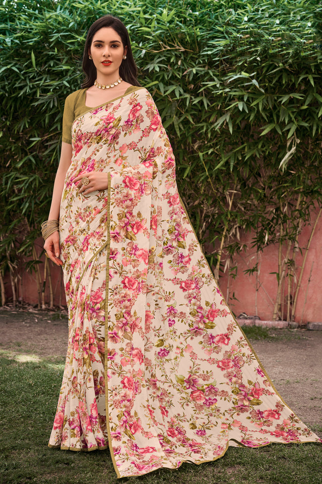 Beige Floral & Foil Print Georgette Printed Saree With Fancy Border And Blouse Piece