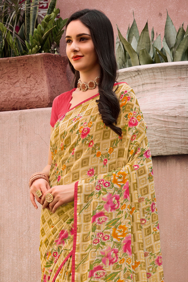Yellow Floral & Foil Print Georgette Printed Saree With Fancy Border And Blouse Piece