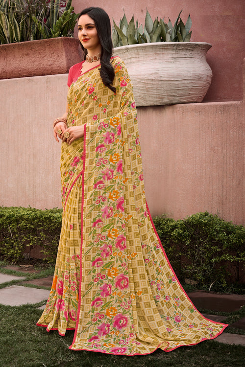 Yellow Floral & Foil Print Georgette Printed Saree With Fancy Border And Blouse Piece
