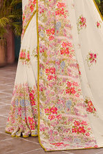 Off White with Mehndi Floral Print Georgette Printed saree and Blouse piece