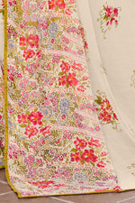 Off White with Mehndi Floral Print Georgette Printed saree and Blouse piece