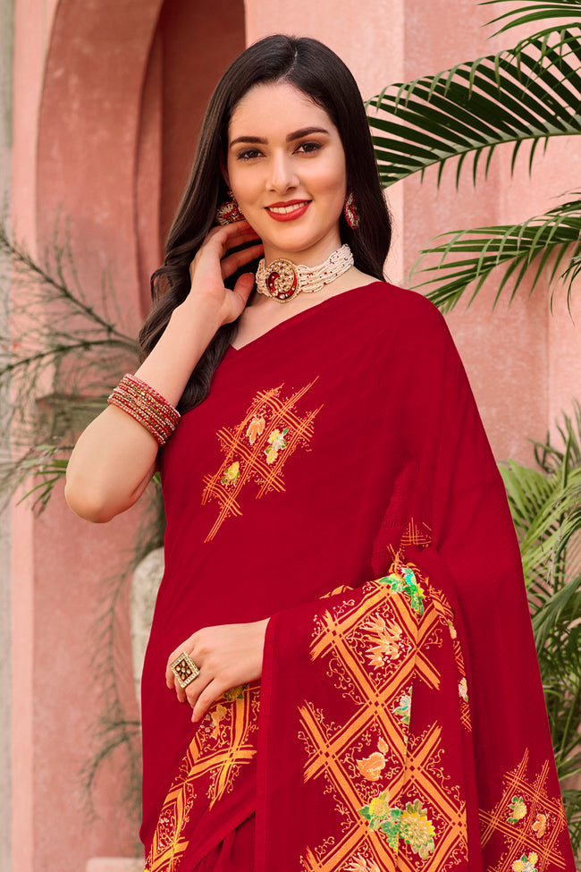 Maroon Floral & Foil Print Georgette Printed Saree With Fancy Border And Blouse Piece