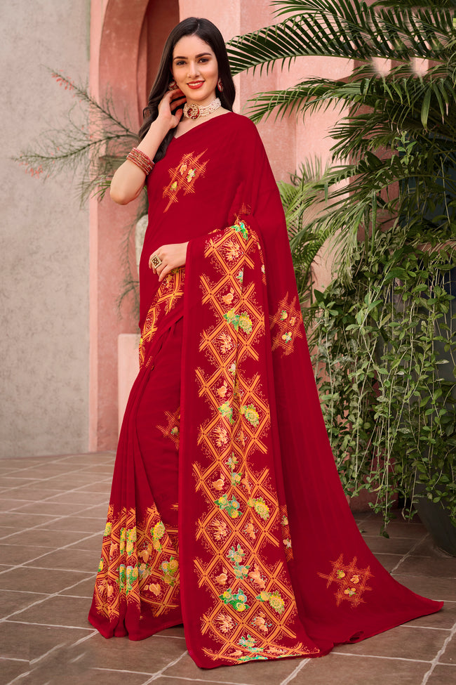 Maroon Floral & Foil Print Georgette Printed Saree With Fancy Border And Blouse Piece