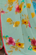Light Turquoise Floral & Foil Print Georgette Printed Saree With Fancy Border And Blouse Piece