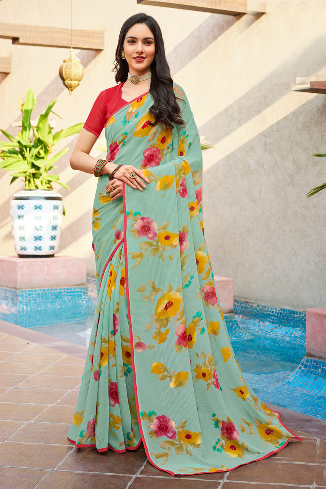 Light Turquoise Floral & Foil Print Georgette Printed Saree With Fancy Border And Blouse Piece