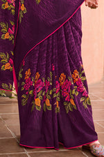 Dark Purple Floral & Foil Print Georgette Printed Saree With Fancy Border And Blouse Piece