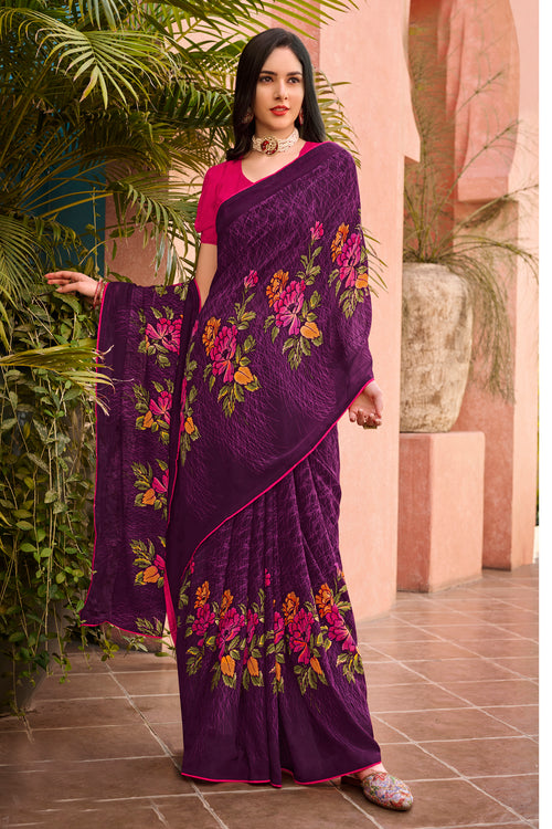 Dark Purple Floral & Foil Print Georgette Printed Saree With Fancy Border And Blouse Piece