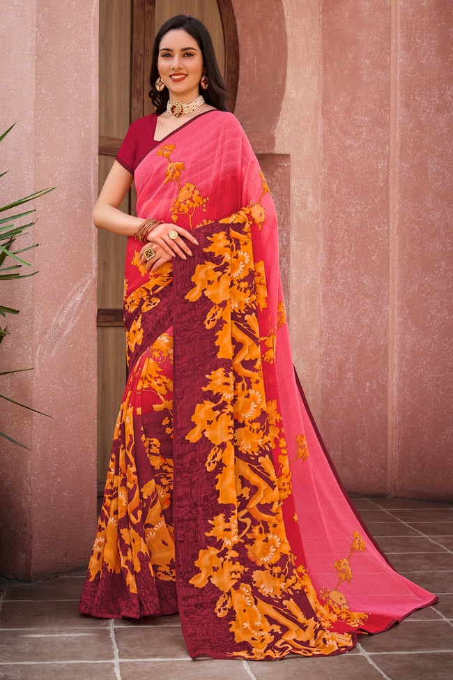 Multicolor Floral & Foil Print Georgette Printed Saree With Fancy Border And Blouse Piece
