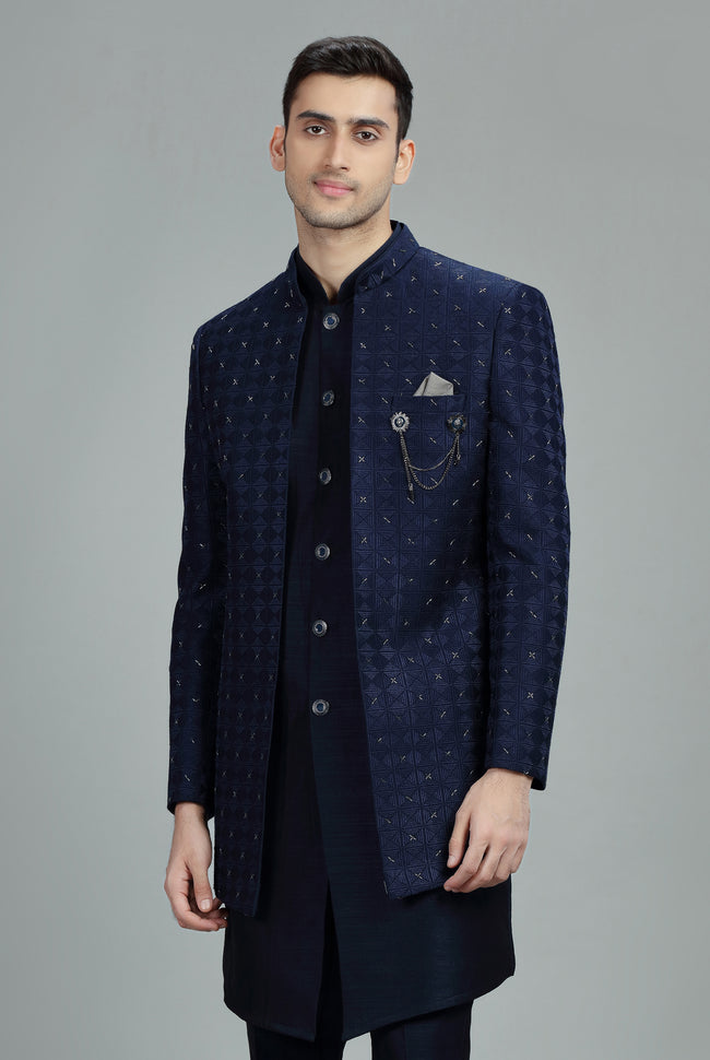 Navy Blue Silk Indowestern forMen