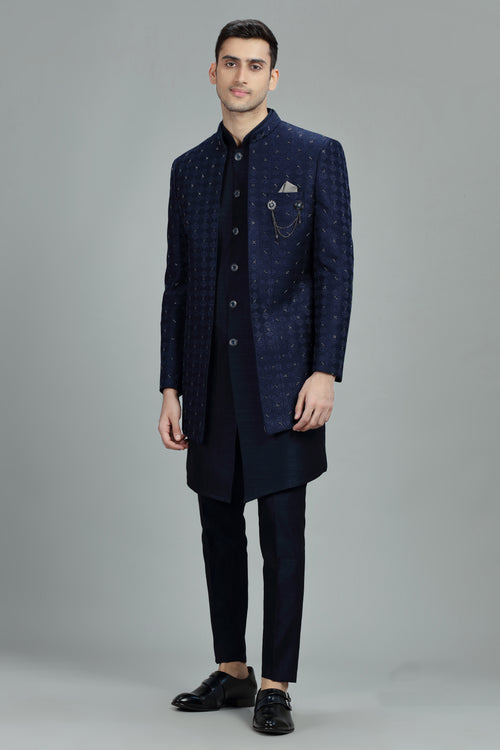 Navy Blue Silk Indowestern forMen