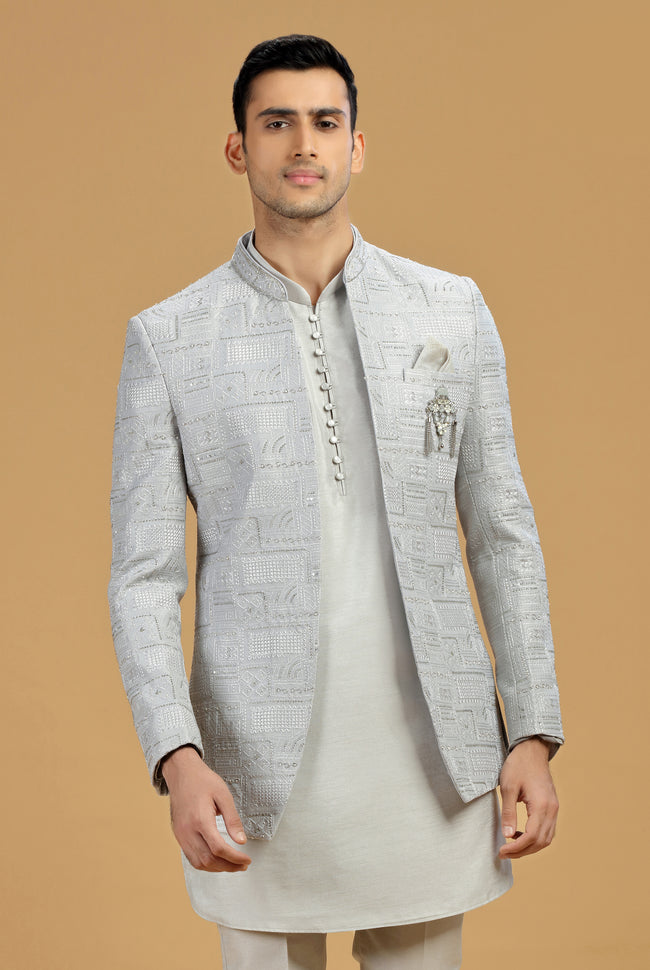 Classy cream terry rayon indowestern For Men