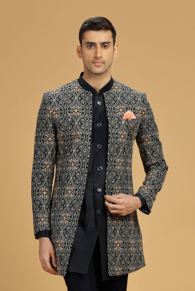 Reception look terry rayon indowestern in Black