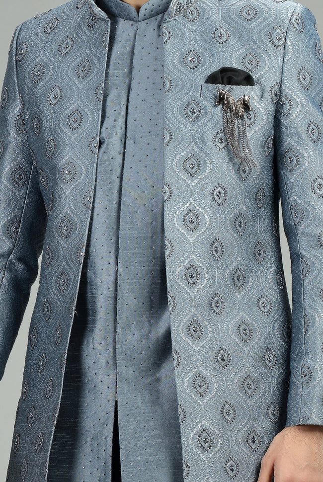 Grey Silk Printed Indowestern For Wedding