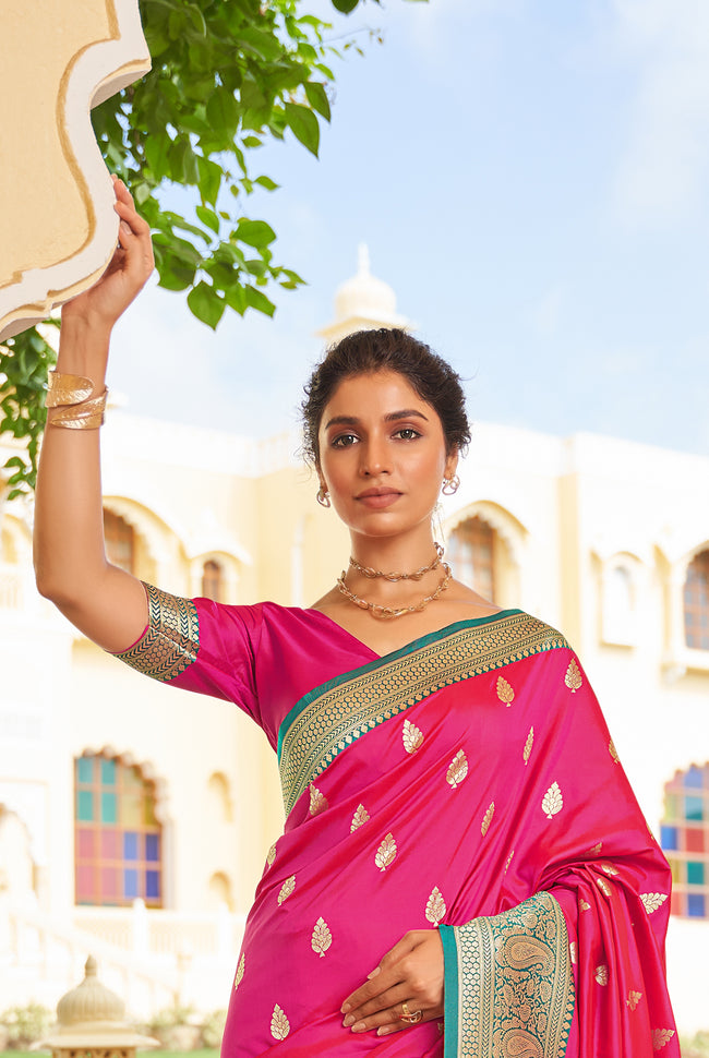 Pink With Green Border Silk Traditional Saree