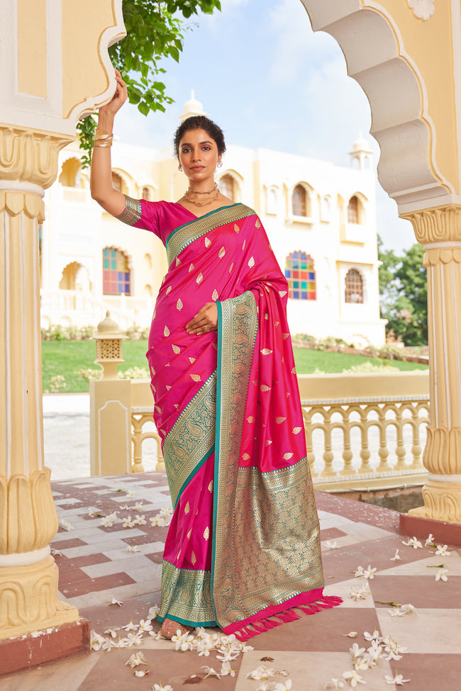 Pink With Green Border Silk Traditional Saree