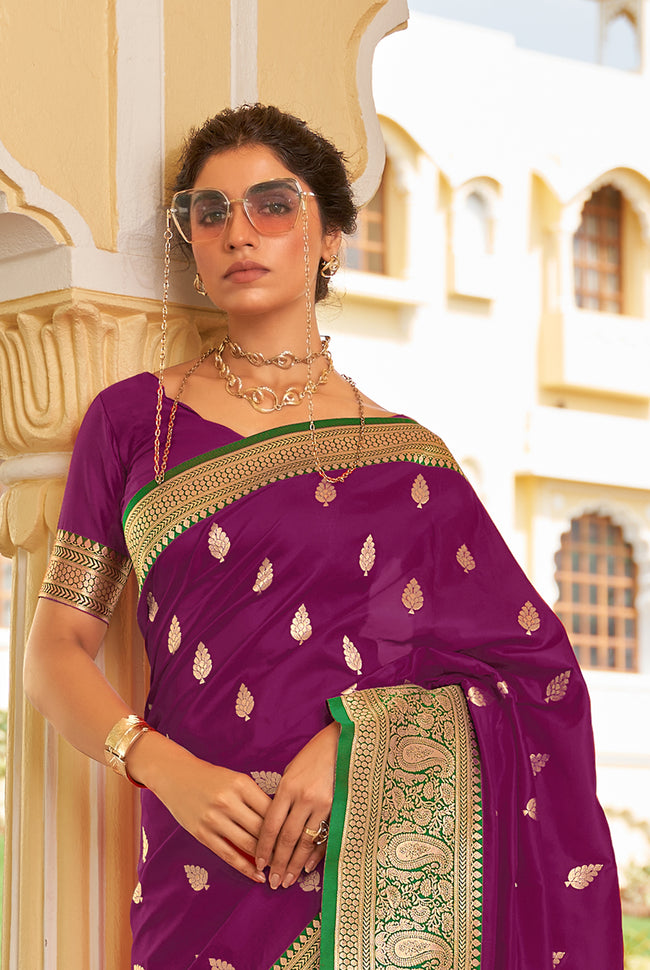 Purple With Green Border Silk Traditional Saree