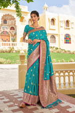 Turquoise Green With Pink Border Silk Traditional Saree
