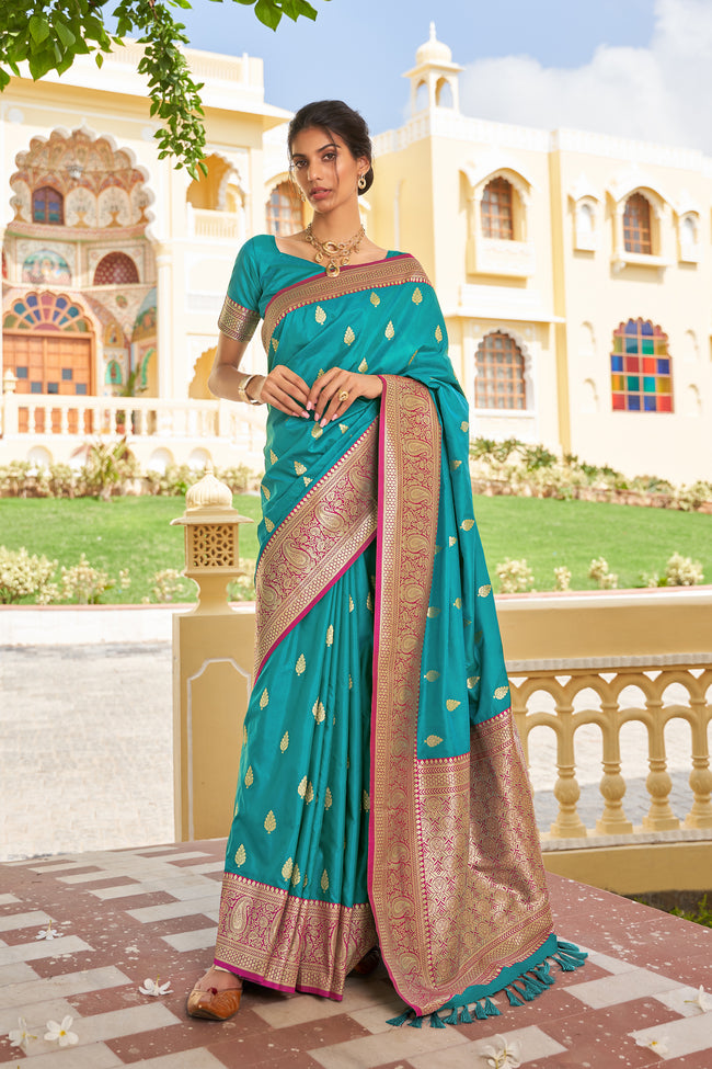 Turquoise Green With Pink Border Silk Traditional Saree