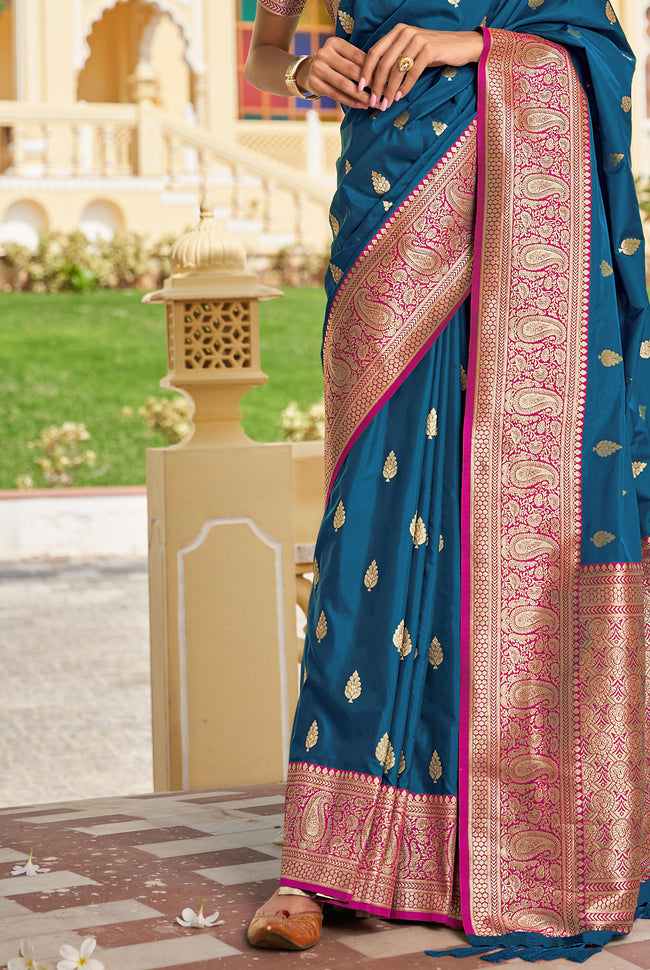 Deep Blue With Pink Border Silk Traditional Saree