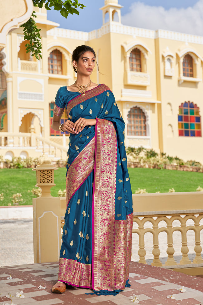 Deep Blue With Pink Border Silk Traditional Saree