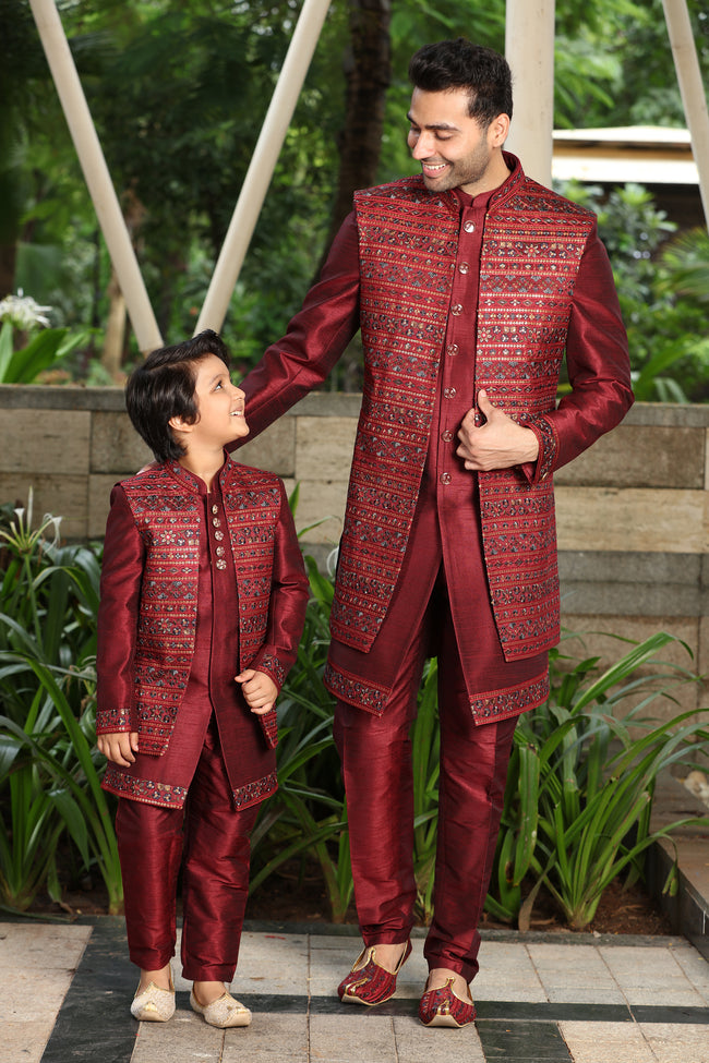 Maroon Red silk indowestern for wedding