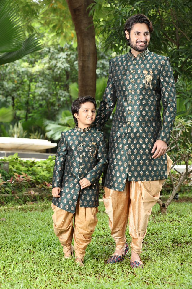 Teal green silk indowestern for wedding