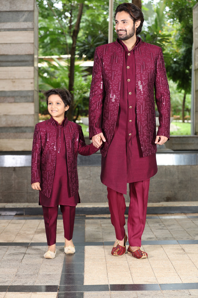 Maroon silk indowestern for wedding Men